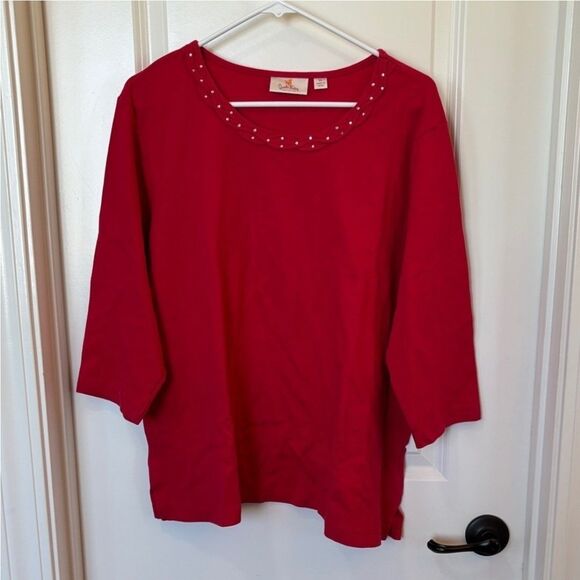 Quacker Factory Red Blouse Womens Size XL Rhinestone Bling Neckline 3/4 Sleeve - Picture 2 of 3